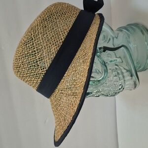 Vintage Tan and Black Women's Straw Hat with Bow